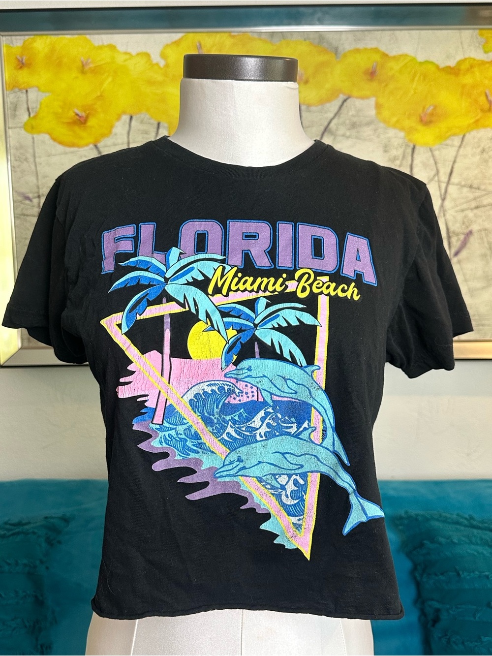 Black Florida Miami Beach Graphic Tee with Retro Dolphin Print